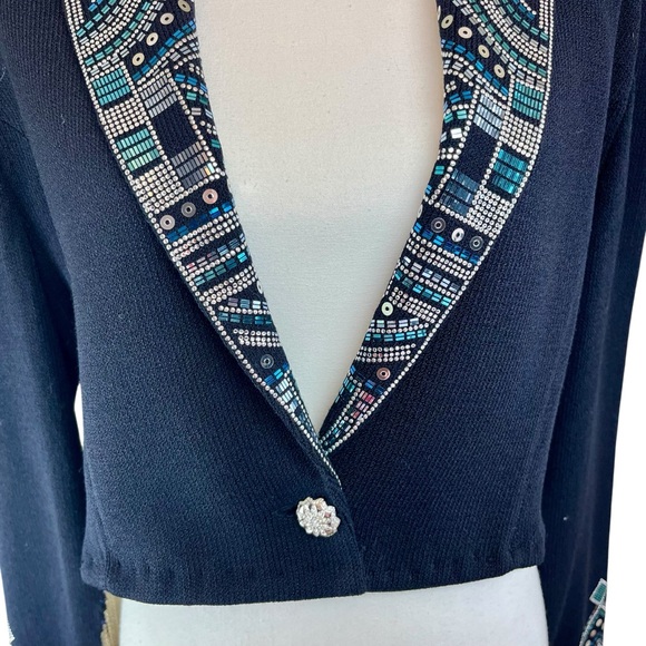 ST JOHN Black Knit Beaded Bolero Jacket Fringe 12 Cowgirl Western Sequin Cropped - Picture 6 of 16